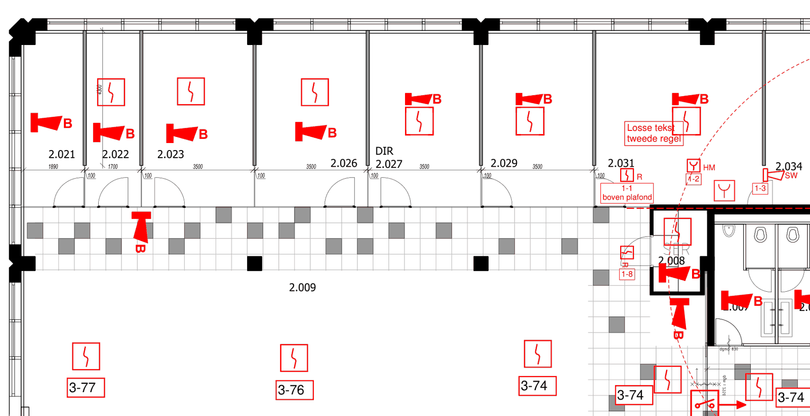 Plattegrond met brandmeldsymbolen